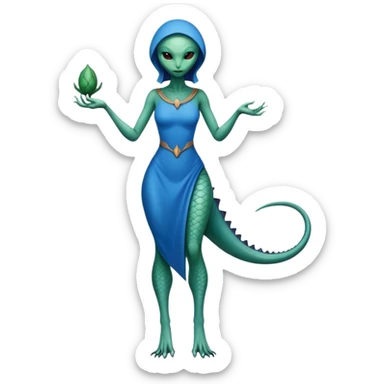 a reptilian alien woman full body, in blue dress sticker