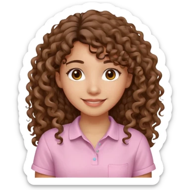 A Latina girl with brown eyes and long loose curly hair with curly bangs with a light pink shirt sticker