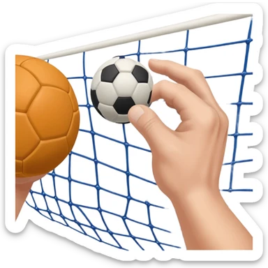 A close-up of a hand gripping a handball, with the handball gates visible in the background. The focus is on the texture of the ball and the strength of the grip, with the goal net slightly blurred to emphasize the anticipation of the throw. sticker