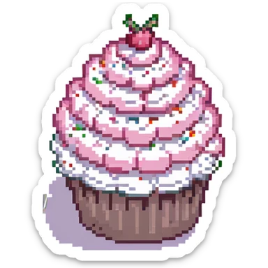 cupcake with pink frosting and sprinkles pixel art style sticker