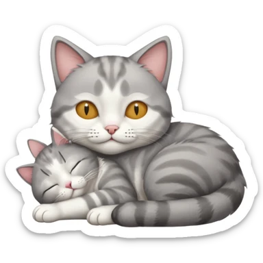 1 grey and white small cat with his eyes closed lying down leaning on his elbow with his paw curled under his head holding it up sticker