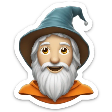 portrait of a wizard smiling, Merlin style, with an orange hat sticker