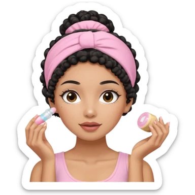 Mixed-race woman with caramel skin, black curly hair in a bun, wearing a pastel pink spa headband, massaging her face with a quartz roller sticker