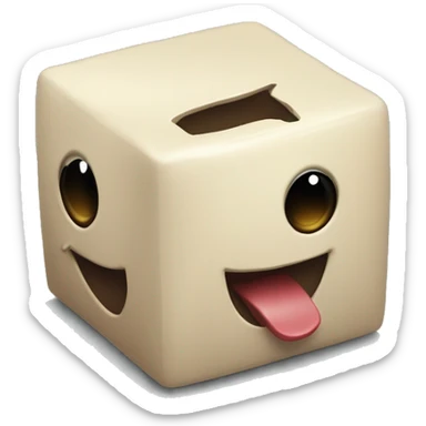 Image of a cube with no more than 3 sides but not quite 2. And there's aguy in there  a small one, he's looking at the camra in this scene .Wide eyes mouth being like "Oh, the cube!"Huge ball?s sticker