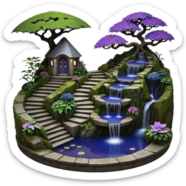 Alien saucer house jungle-vines precarious narrow stairway fountain koi pond mountainside -island getaway nighttime landscape antique mudman very old broken cracked intricate Stone Age lapis-crusted irregular dodecagon-shaped shallow dark moss rough bark violet serissa flowered maple tree bonsai sticker