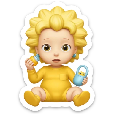 A 3D cartoon baby character fully yellow skin, styled like Maggie Simpson, with pacifier, yellow onesie, big eyes, smooth shading, Memoji-style rendering, consistent with other yellow Simpsons characters. sticker