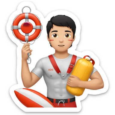 Muscular lifeguard teen boy with rescue buoy and whistle messy black hair sticker