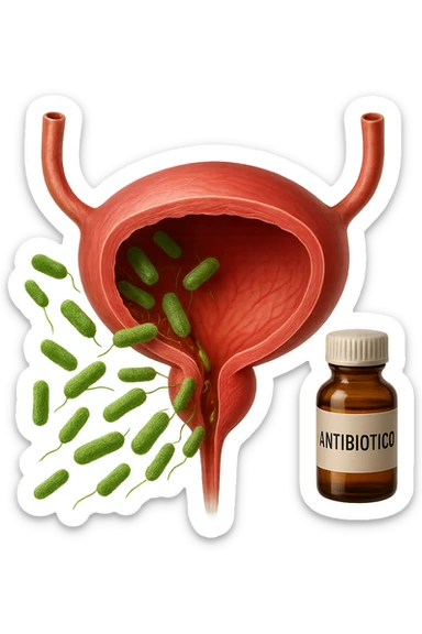 batteri intestinali che migrano ed entrano in una vescica anatomica realistica per infettarla, davanti a lei fluttua una boccetta con la scritta "ANTIBIOTICO", iperrealistico 4k sticker
