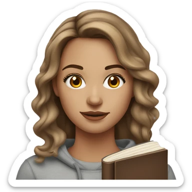 a white woman with makeup and long brown wavy hair with highlights. wearing a grey sweatshirt and holding books sticker