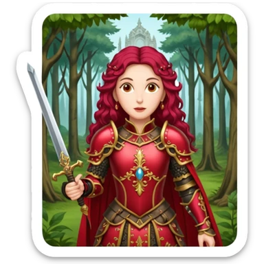 realistic cinematic actress Cher in baroque styling with crimson armor in a forest sticker