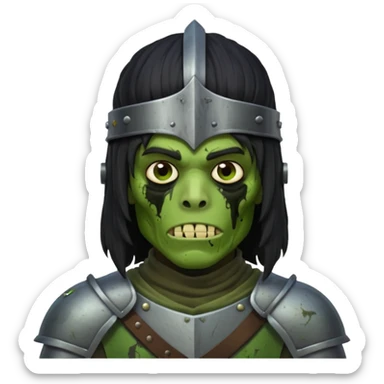 A black male with long black rough hair wearing a knight helmet with green zombie skin sticker