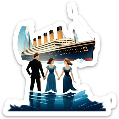 Icon for Titanic Movie: A vintage movie poster-style design featuring a dramatic scene of the ship, the iceberg, and a romantic silhouette of the main couple. Include elements like the ship’s bow, water splashes, and a starry sky in the background. Retro cinematic feel. Transparent background. sticker