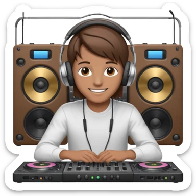 White dj mixing with dj booth, headphone on head, no cap, not bald, brown hair  sticker