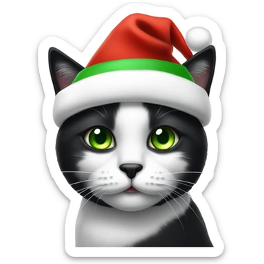 A pretty black and white cat face with green eyes and a Santa hat sticker