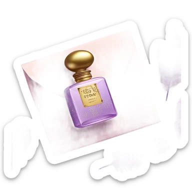Aesthetic still life of soft violet mimosa flowers, a vintage-style pink perfume bottle, and a lavender love note delicately placed in an envelope.
 sticker