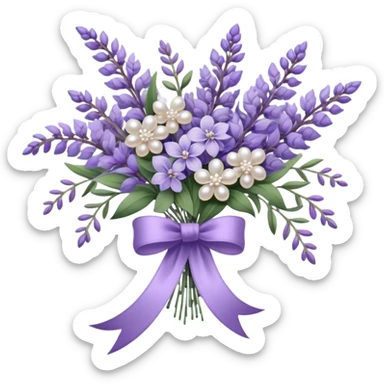 A cascading bouquet of lavender, blending soft lilac, dusky violet, and deep amethyst hues, is wrapped in delicate pearl-colored lace, tied with a silky wisteria ribbon. The stems, slightly uneven and wild, spill gently over the edge of an antique silver tray, where a few loose buds rest, their fragrance mingling with the faint scent of aged paper and timeworn fabric.
 sticker