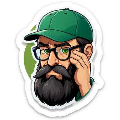 A man with a grey baseball cap, green eyes, big dark brown beard and glasses, facepalm sticker