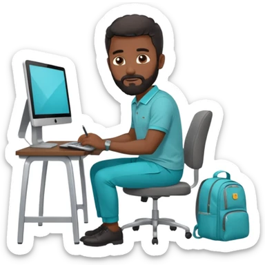 man with black short male hair and black hair and beard and hes in a office with his grey backpack on the floor and he has a tourquose polo shrit with gre dress pants and hes working at a hotel  hes on the co,ptuer  at his desk and he inly has one backpack its on the floo  WITH GREY PANTS sticker