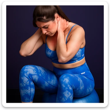 A slender woman in 4K, sitting on an exercise ball, head bent forward, hands gripping the reddened nape, eyes closed in pain, inspired by the reference photo. sticker