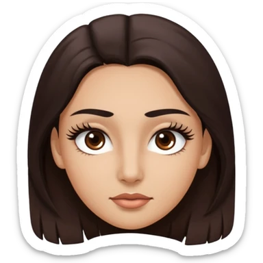 Rostro de forma ovalada con facciones delicadas. Ojos grandes y expresivos de color café oscuro, con pestañas largas y definidas. Cejas oscuras, pobladas y bien formadas color de piel trigeña y cabello largo sticker