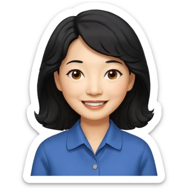 60 yr old asian woman, wavy thick black hair past shoulder length, side part, side swept bang, big smile, collared shirt, long hair sticker