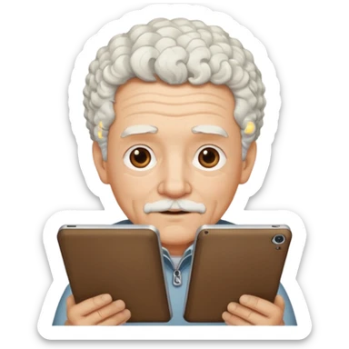 a old man with short curly white hair with tablet sticker