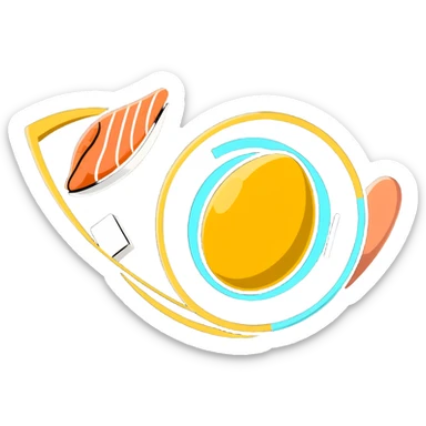 Floating plate with cute stylized protein foods: golden egg, salmon fillet, chicken breast, and tofu block, orbiting a DNA double helix, with energy beams connecting to a muscular figure silhouette sticker
