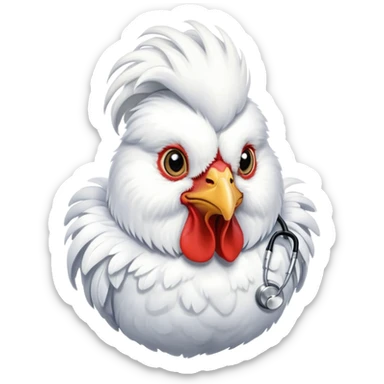 A very fluffy White Silkie Bantam rooster wearing a doctor's stethoscope.  sticker
