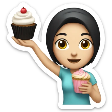 A girl with white skin black hair holding a cupcake sticker