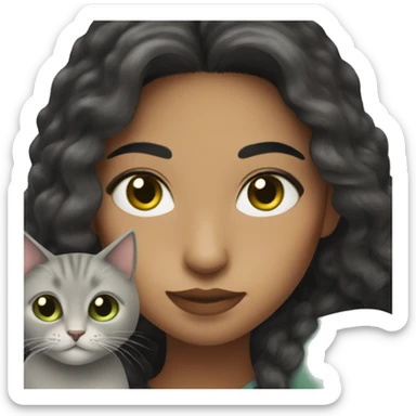 A Hispanic woman  with light freckles with  long black hair holding a Dark graycat with light green eyes sticker