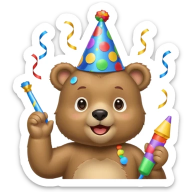 Partying bear cub with confetti and party blower sticker