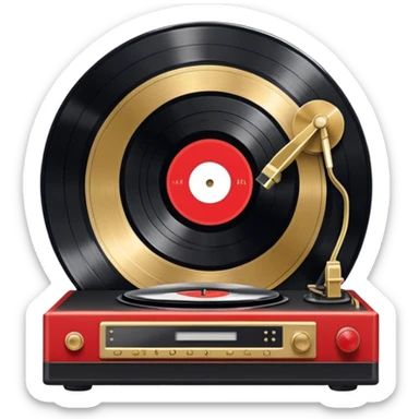 Icon for Vinyl Record Collecting: large black, golden and red vinyl records in decorative packaging featuring artist images, neatly arranged on a wall or shelf, modern vinyl record player. The icon should reflect the aesthetic and artistic aspect of collecting vinyl records. Transparent background. sticker