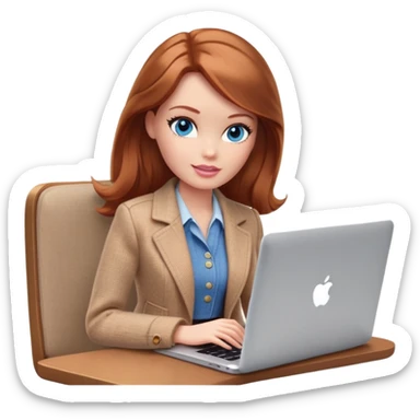 A Barbie girl with blue eyes, shoulder-length reddish-brown hair, made-up, wearing a beige tweed jacket and a beige skirt, is sitting with a MacBook sticker