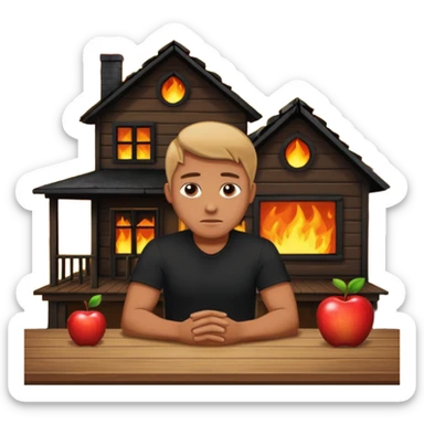 a man sits sadly at a table, a house on fire behind him, apple style emoji sticker