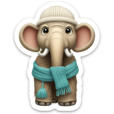 a baby mammoth in a small knitted hat and a narrow knitted scarf sticker