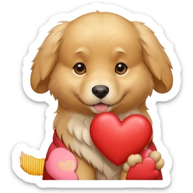 A dog holding a heart (modelled after a Golden Retriever) sticker