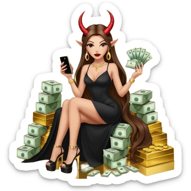 Sensual seductress long brown straight haired sexy drug lord woman with  glitter platform high heels on her feet,  and devil black horns on her head, holding a stack of cash, has a phone in other hand. Sitting on gold cases full of drugs, long black dress with sexy slit sticker