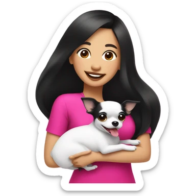Thick medium black hair with hot pink lips and pink cheek smiling mature Filipino lady hugging black and white Chihuahua  sticker