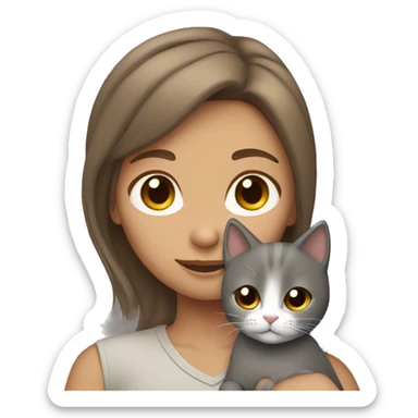 Tan girl with brown hair cuddling a grey cat sticker