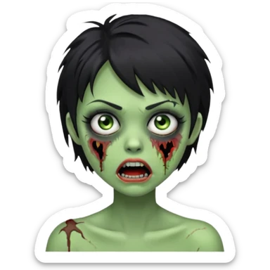Green zombie girl with messy black short hair with lashes and torn cheek and open mouth  sticker