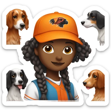 Brunette girl with braided pigtails in a bright orange baseball hat with a phesant on it with a tricolor English setter with a half black face sticker