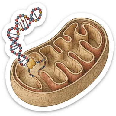 biogenesi mitocondriale, step 3: replicazione del DNA mitocondriale e formazione delle creste interne, hyperrealistic detailed colored drawing on white textured paper, isolated on white background, visible molecular details sticker