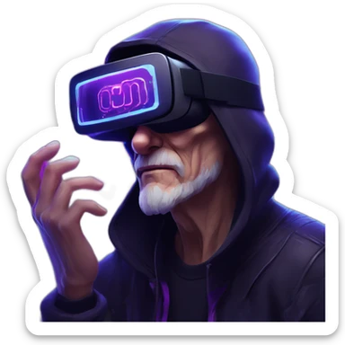 Russian old man wearing a black hoodie with "OMG" letters on it and VR headset in a cyberpunk VR environment with violet neon lighting. sticker