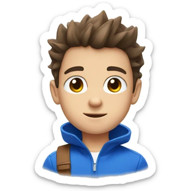 A young white boy with short brown hair and brown eyes wearing a blue sonic the hedgehog shirt
 sticker