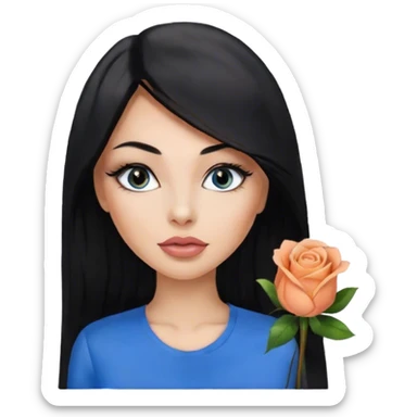 Glamours, tanned, very beautiful girl, with big pump peach-beige-rose lips, eyeliner, long lashes, black straight smooth silky long hair, straight parting hair, blue-grey eyes in black clothes for working profile sticker