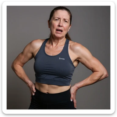 Realistic style image of a woman in sportswear inspired by the reference photo, showing pain in the upper back, with one hand on the dorsal area and a pained expression, neutral background. sticker