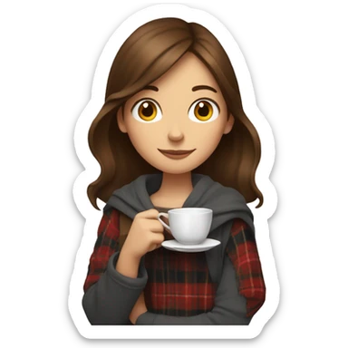 A girl with brown hair is holding a cup of tea, a plaid is draped over her shoulders sticker