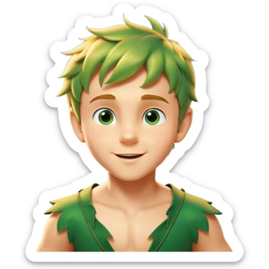 cinematic-realistic-peter-pan-portrait, head tilted dramatically with an exaggeratedly amused expression and sparkling eyes brimming with playful mischief, his iconic outfit rendered in vivid detail with dynamic shadows, soaring through the air. Next to him is a glowing Tinker Bell, whose delicate wings leave a trail of shimmering pixie dust across a whimsical sky. sticker