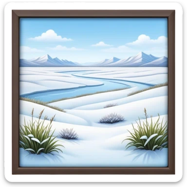 Cinematic Realistic Tundra Emoji in a wooden frame, Vast and cold, with wide expanses of snow-covered ground, sparse grasses poking through, and the occasional hardy shrub breaking up the pale white landscape. The sky above is a pale, frosty blue, and the light reflects off the snow, creating a serene yet starkly beautiful environment. Soft glowing outline, capturing the essence of a quiet, still, frozen wilderness where life endures despite the harsh conditions. sticker
