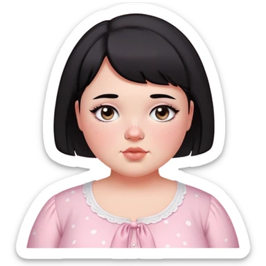 black short haired chubby girl with black eyes and fair skin with freckles in a light pink coquette blouse sticker